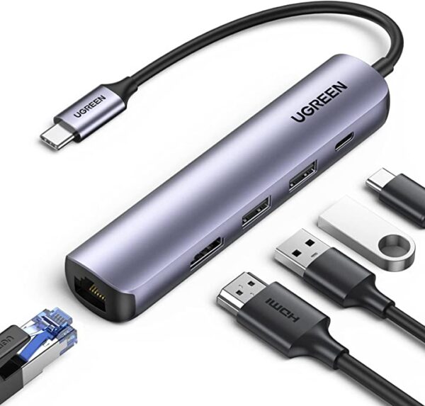 يوجرين محور 5 في 1 USB-C مع إيثرنت، محول USB-C متعدد المنافذ مع إيثرنت 4K HDMI ، RJ45، منفذين USB، شحن USB C PD متوافق مع MacBook Pro / Air M1 2021 ، iPad Pro 2021 يوجرين محور 5 في 1 USB-C يدعم إيثرنت، HDMI 4K، RJ45، منافذ USB وشحن USB C PD متوافق مع MacBook Pro / Air M1 2021 و iPad Pro 2021. تمتع بالمزيد من المنافذ والوظائف مع هذا المحول المتعدد المنافذ.